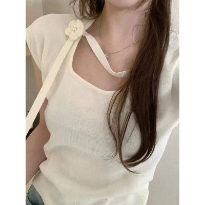 十三行花朵斜領短袖針織T恤女春新款韓版修身顯瘦短款打底衫上衣