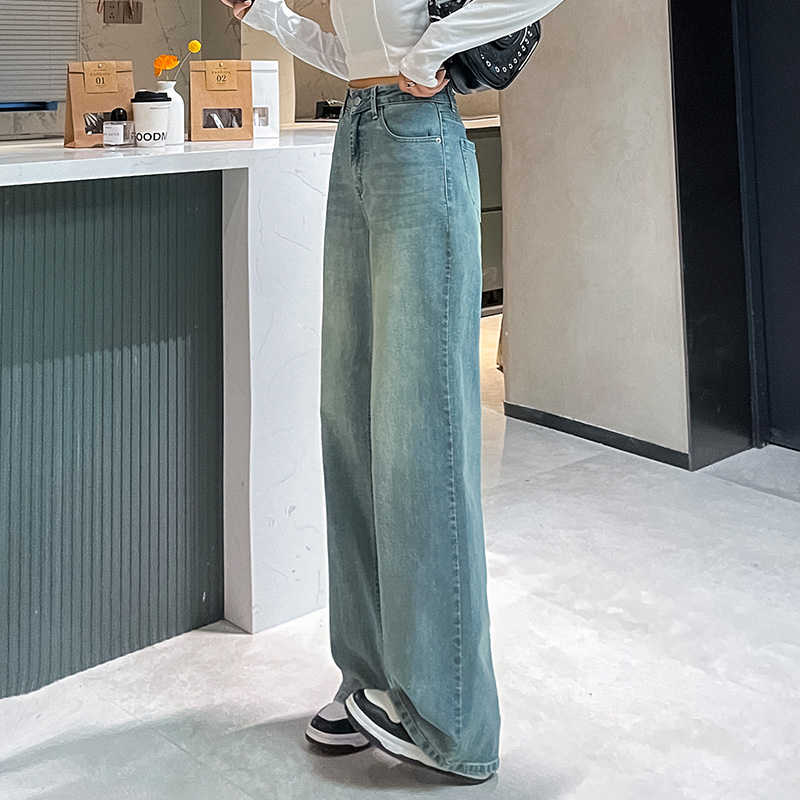 實拍2024春夏時尚潮流闊腿寬鬆高腰復古牛仔褲女