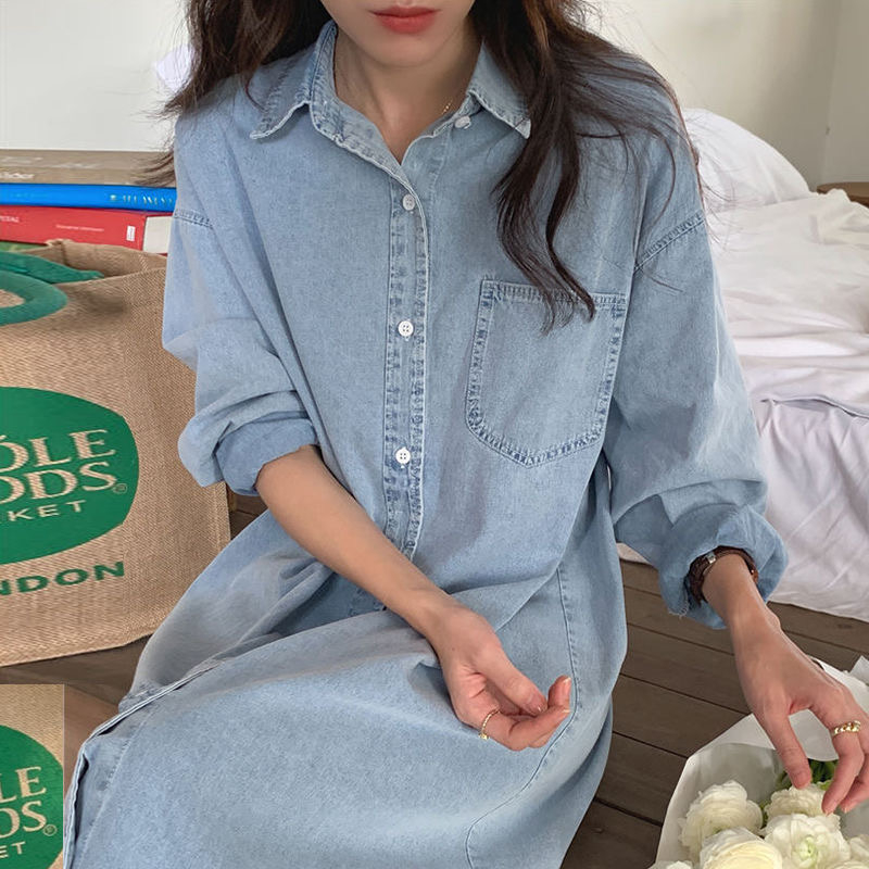 韓國chic秋季簡約翻領單排扣寬鬆襯衫裙休閒長款長袖牛仔連衣裙女