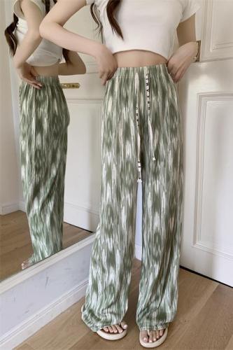 Real shot of flowing ink wide-leg trousers straight-leg slimming waist floor-length trousers narrow version ice silk casual walking trousers