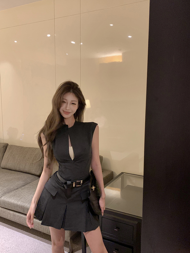 實拍 連衣裙夏新款法式氣質灰色復古時尚收腰顯瘦百褶裙短裙