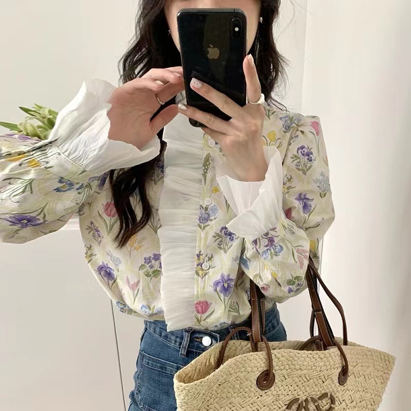 韓國chic夏季法式浪漫高領拼接荷葉邊花色印花設計喇叭袖襯衫上衣