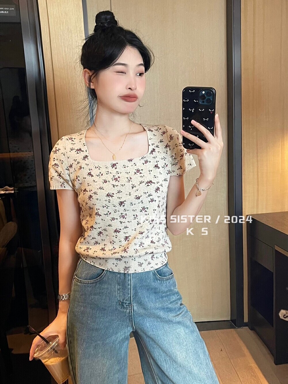 韓系方領短袖碎花針織衫t恤女夏季新款修身顯瘦氣質甜美短款上衣