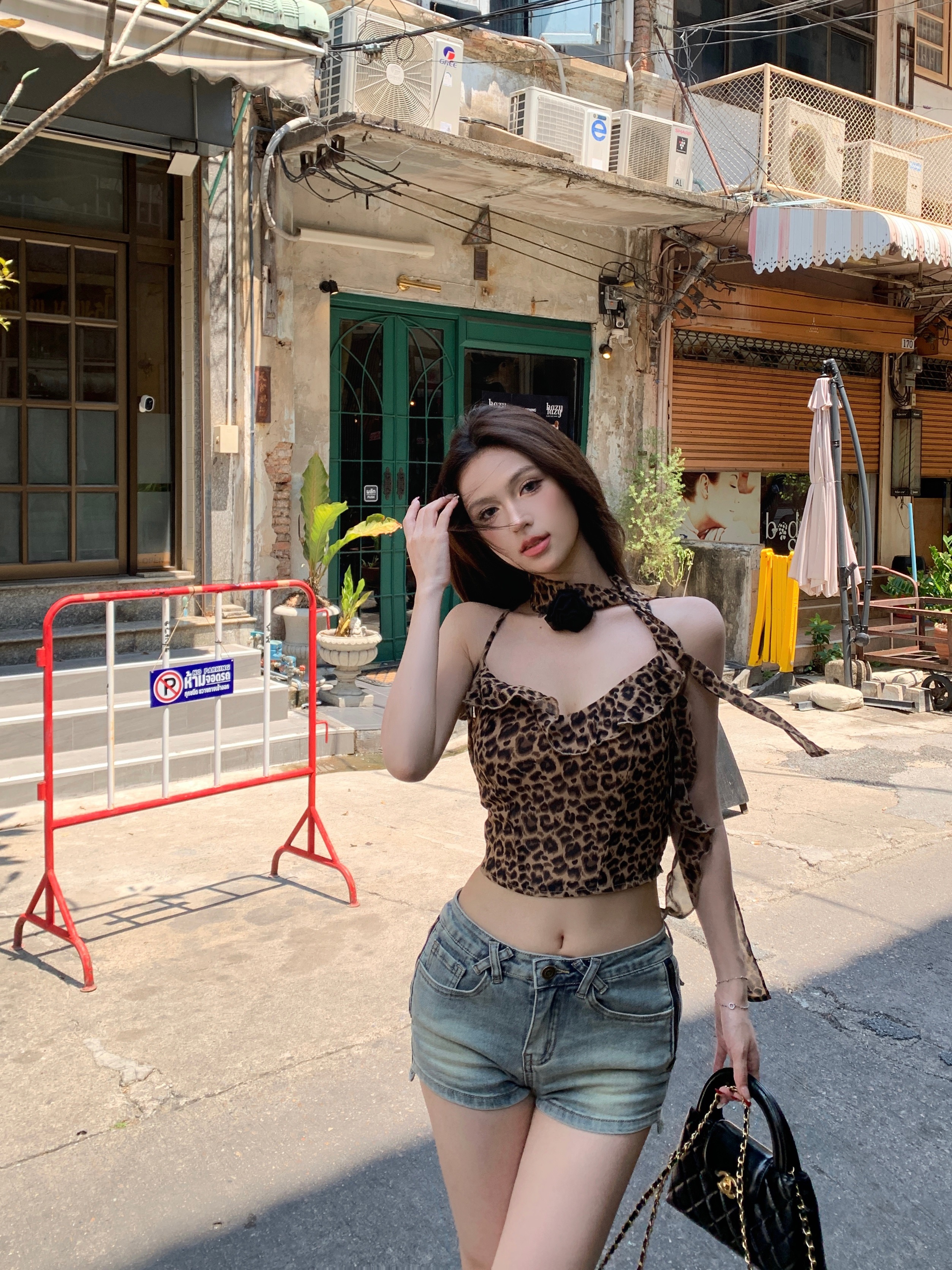 實拍 野蠻姐姐 豹紋背心吊帶女春夏設計感辣妹純欲飄帶上衣