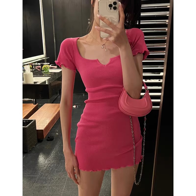 辣妹玫粉色v領短袖t恤連衣裙女夏小個子修身性感包臀a字短裙裙子