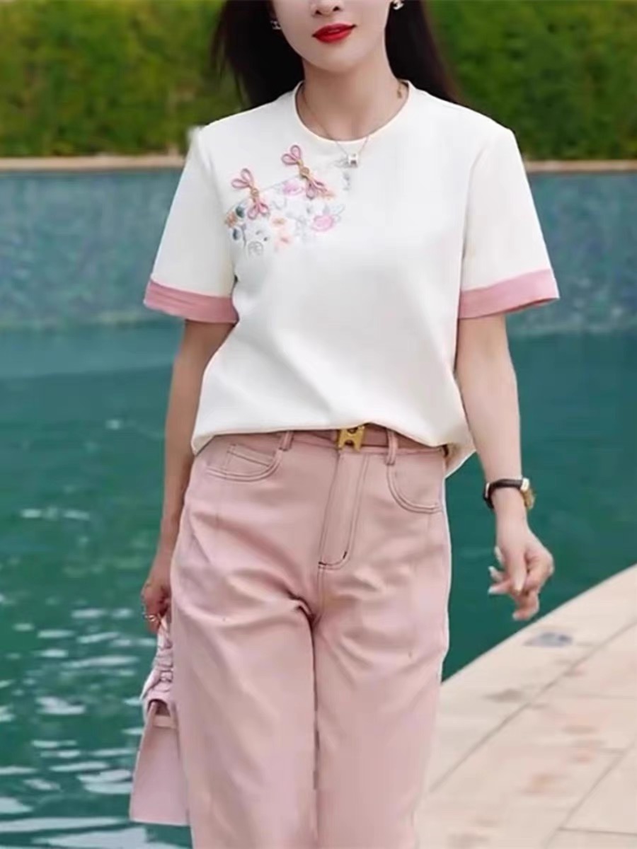 新中式國風刺繡短袖T恤女2024夏季新款寬鬆別致盤扣撞色體恤上衣