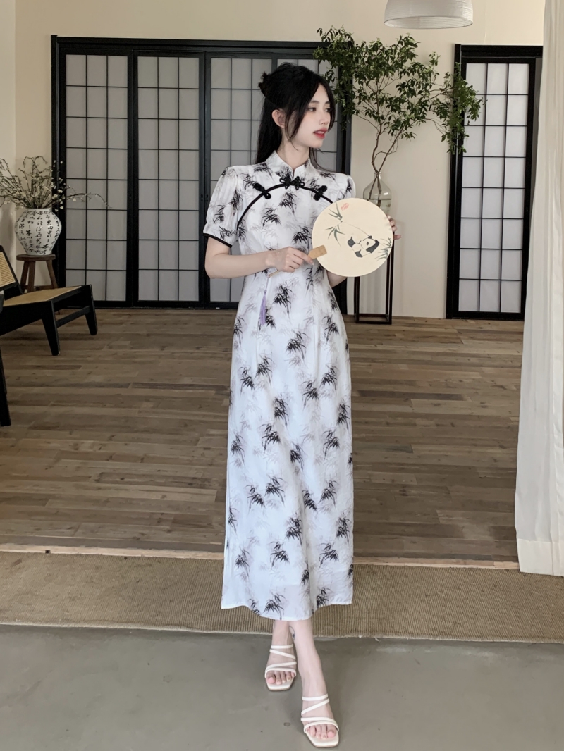 大碼女裝新中式旗袍連衣裙女夏季竹子氣質收腰顯瘦優雅連衣裙