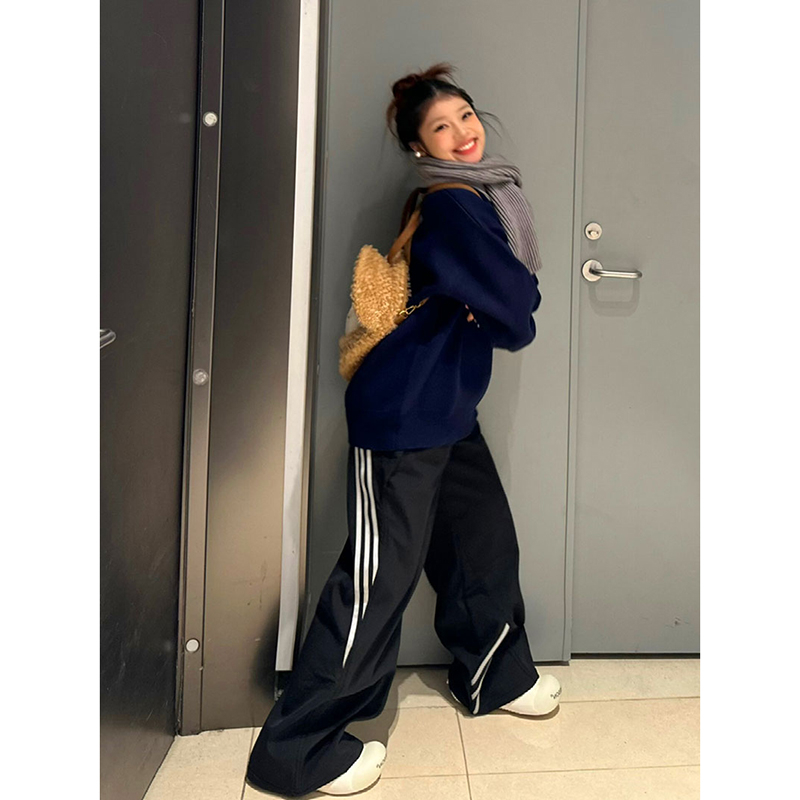 條紋運動衛褲女寬鬆直筒黑色休閒褲薄款春秋闊腿拖地長褲