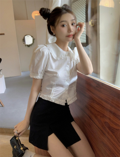 官图 白色短袖娃娃领衬衫女夏季新款泡泡袖法式衬衣修身短款上衣