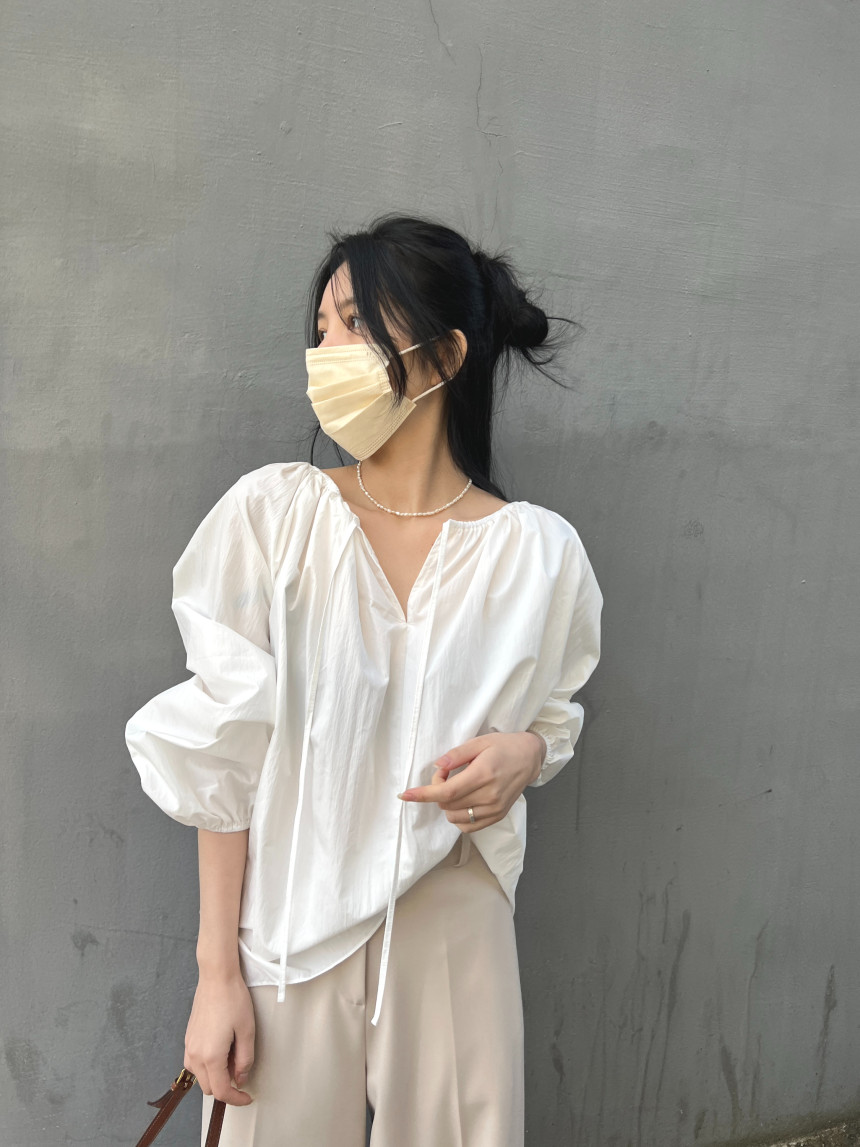 韓國chic春夏新款法式簡約寬鬆兩穿露肩系帶長袖襯衫
