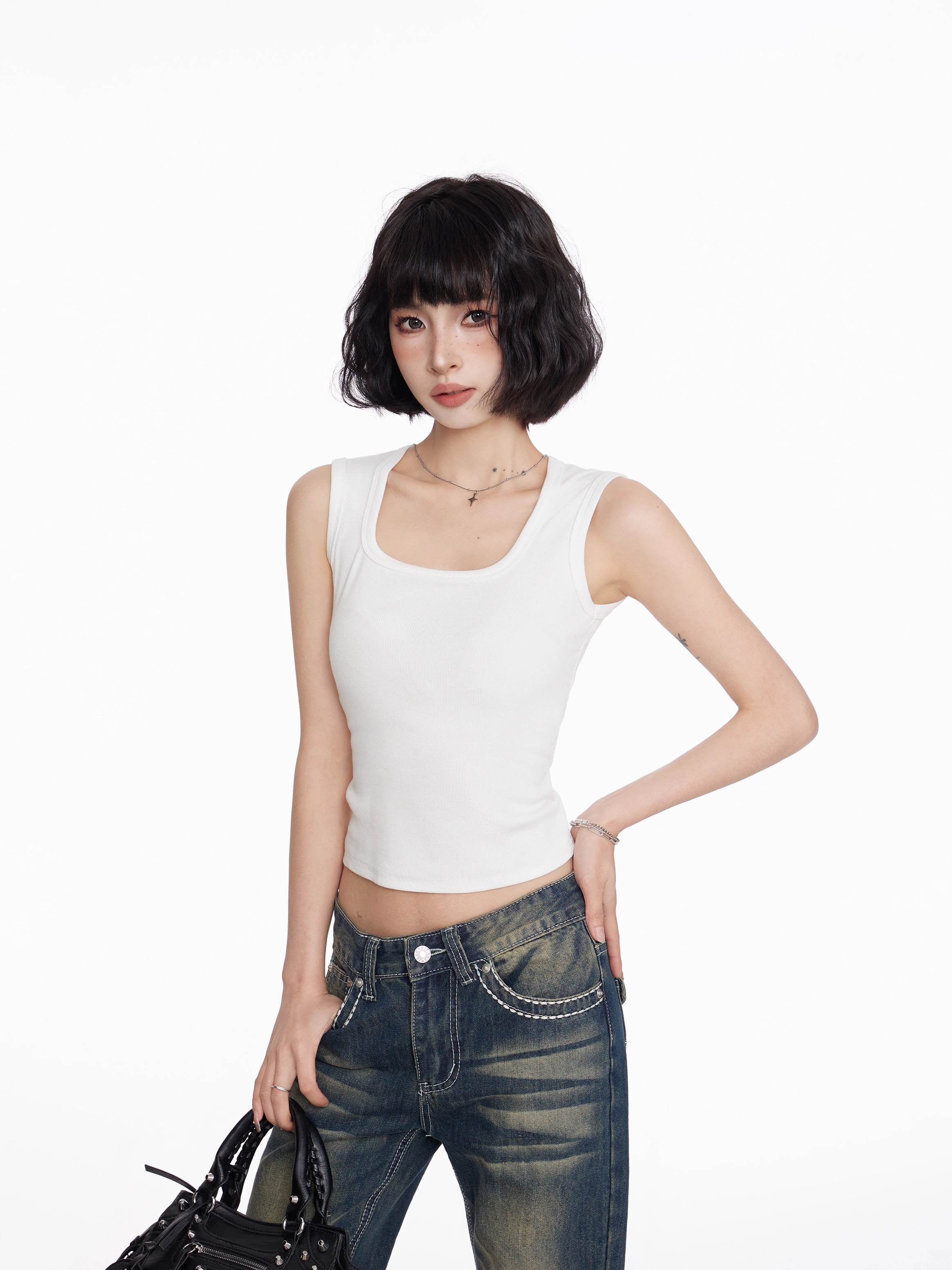 黑色方領工字打底吊帶背心女夏季外穿內搭寬肩帶美式辣妹無袖上衣