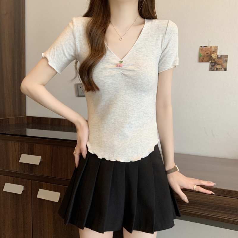 實拍  40支純棉 2024夏裝V領打底衫女荷葉邊短袖T恤女