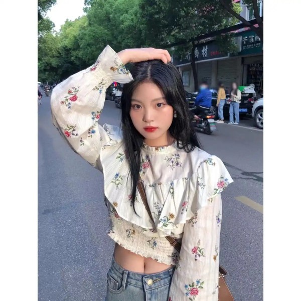 2024新款秋季~韓系甜美洋氣減齡花朵復古荷葉邊短款襯衫上衣女
