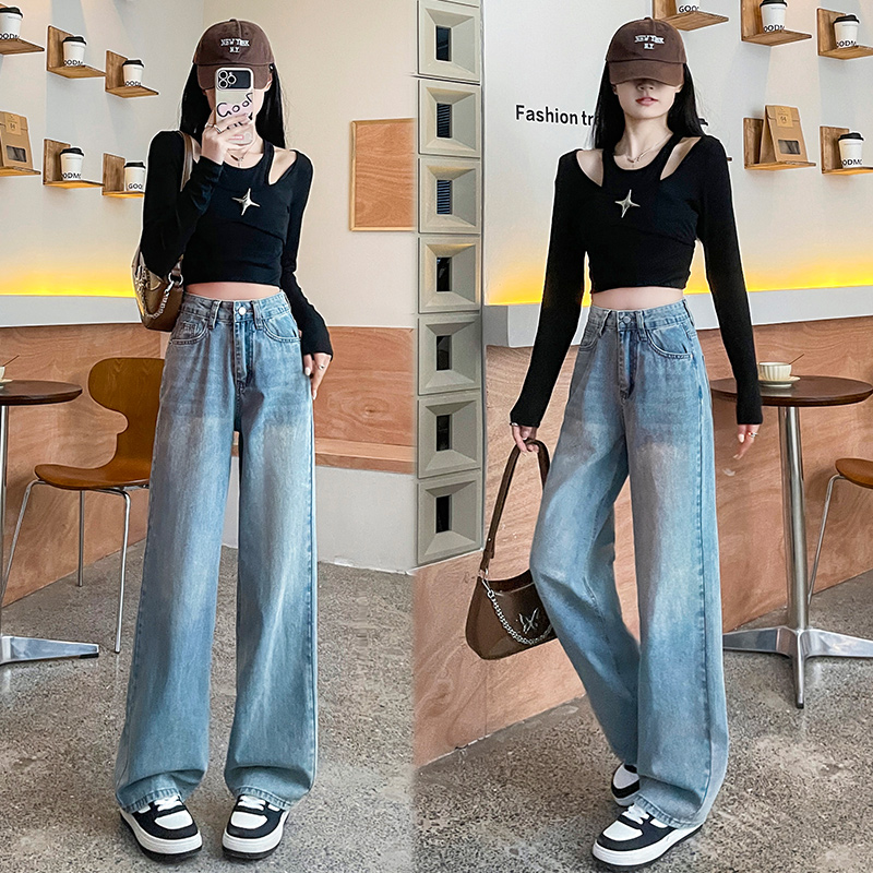 實拍2024春夏時尚潮流高腰闊腿直筒牛仔褲女