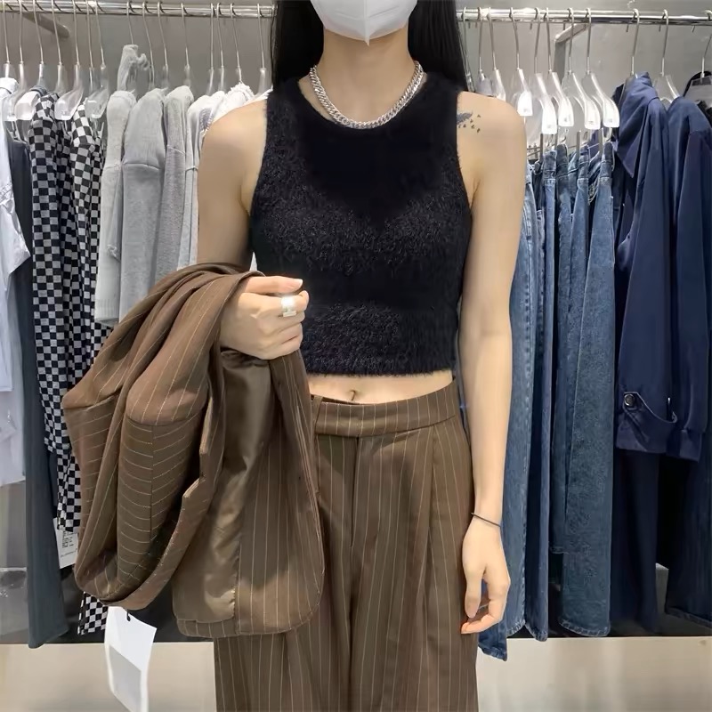 設計感仿貂絨毛衣女毛毛無袖背心短款小眾內搭水貂毛針織吊帶上衣