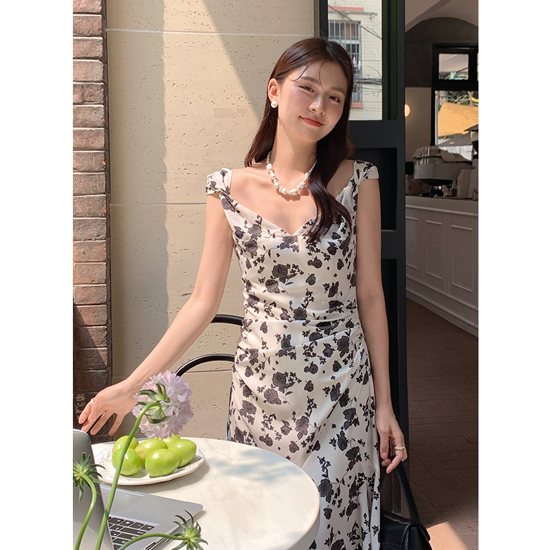實拍 2024夏季新款法式浪漫V領裙子短袖雪紡碎花連衣裙女
