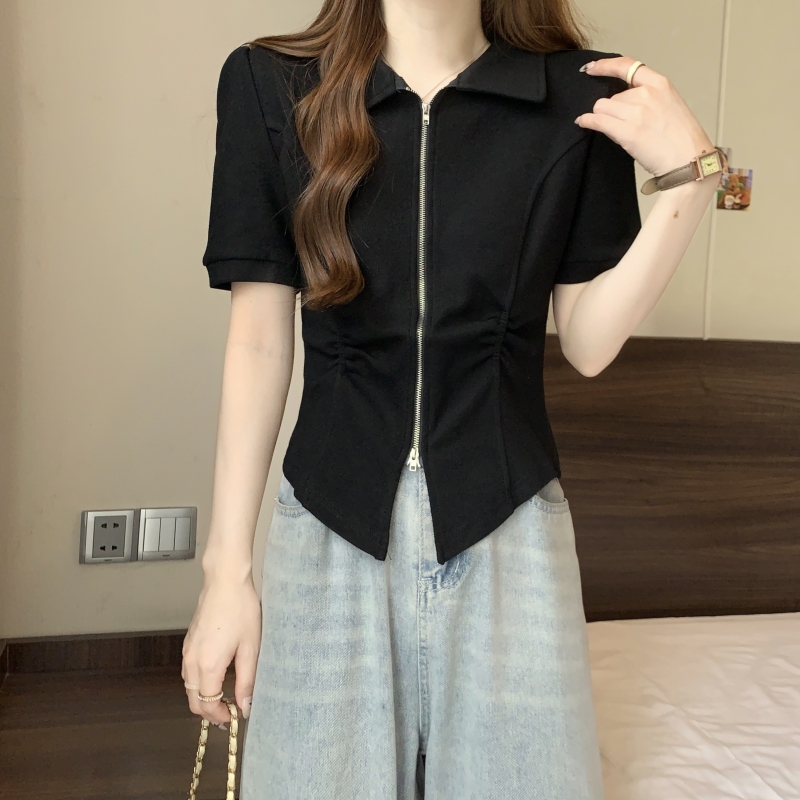 實拍  純滌新氨棉 2024夏裝短袖T恤女拉鏈polo領設計感