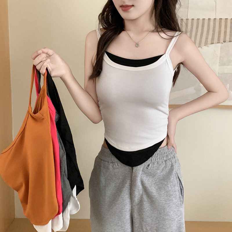 實拍~別致假兩件吊帶背心女夏季不規則修身顯瘦辣妹外穿上衣
