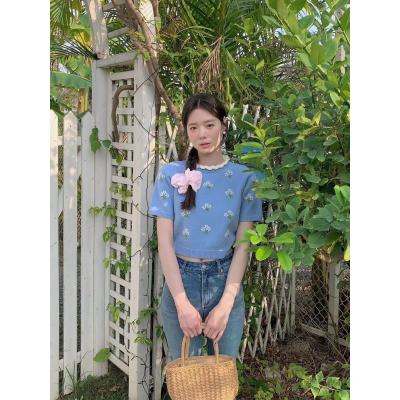 DH OFFICIAL 大花花紗詩集藍色洋氣毛衣女春蕾絲邊圓領百搭韓