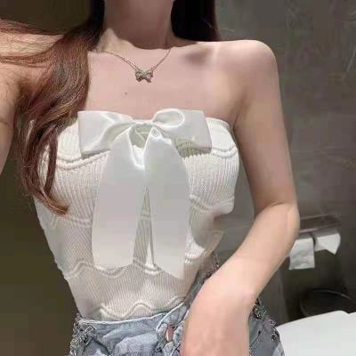 2024早春款女裝名媛茶藝甜美蝴蝶結裹胸針織上衣