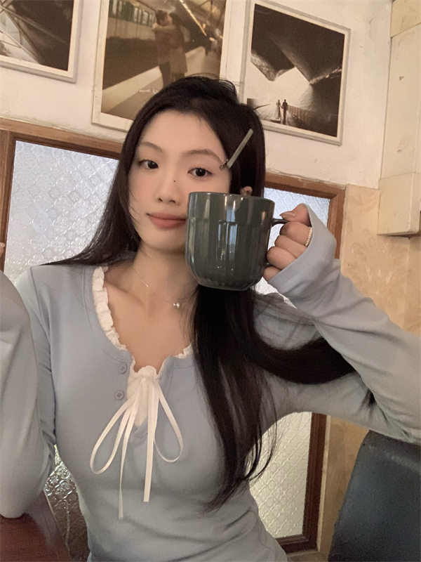 實拍~韓系少女木耳邊假兩件長袖上衣T恤
