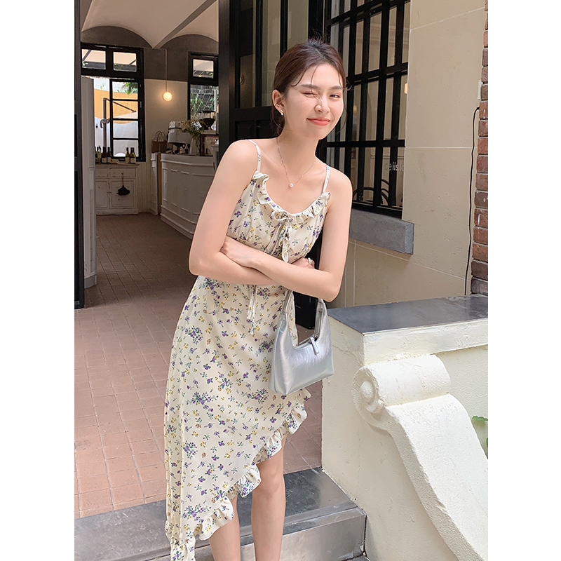 實拍 2024夏季新款法式浪漫不規則性感裙子吊帶雪紡碎花連衣裙女