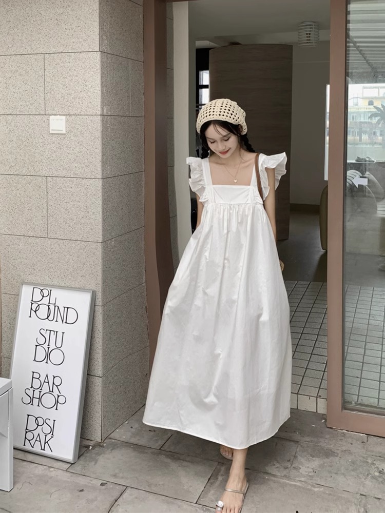 清新方領飛飛袖連衣裙女2024夏季設計感別致藍色長裙無袖簡約
