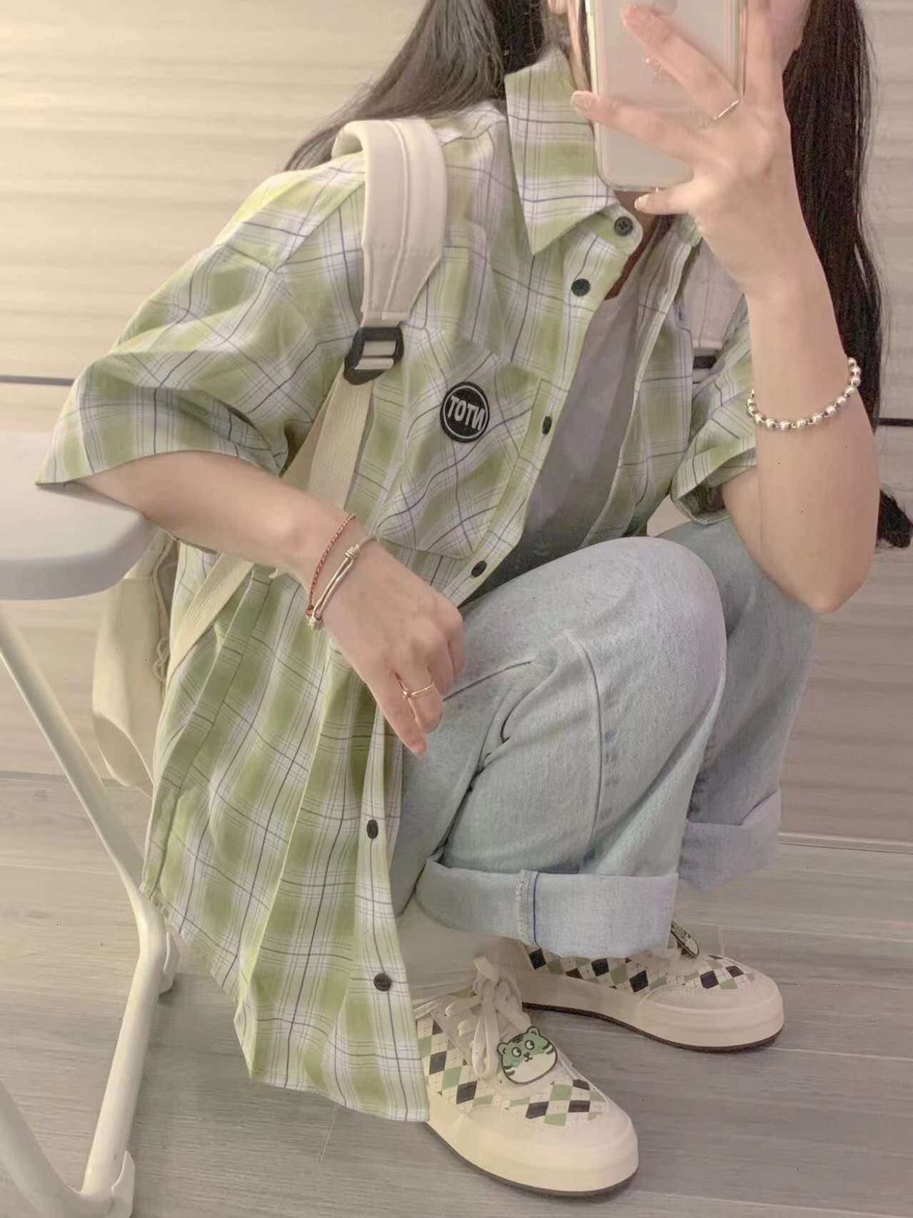 綠色格子短袖襯衫女夏季新款法式甜美襯衣設計感小眾獨特别致上衣