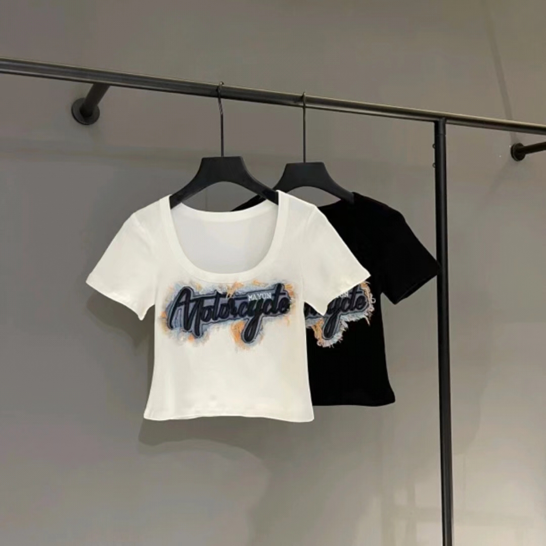 美式牛仔拼接短袖T恤女夏季新款設計感刺繡U領修身打底衫上衣529#