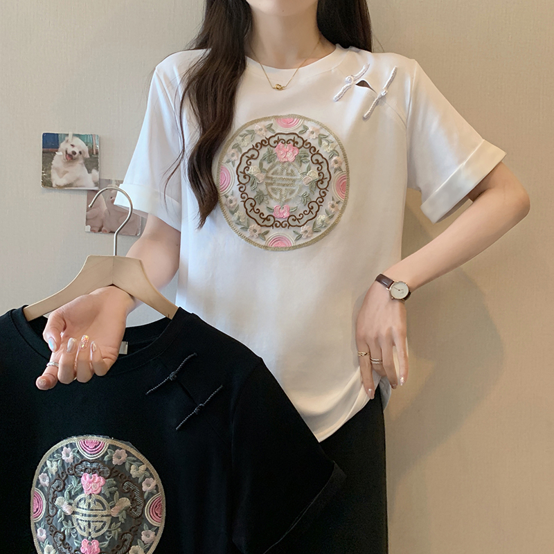 實拍新中式短袖T恤女夏季新款胖mm大碼國潮簡約中國風上衣女潮