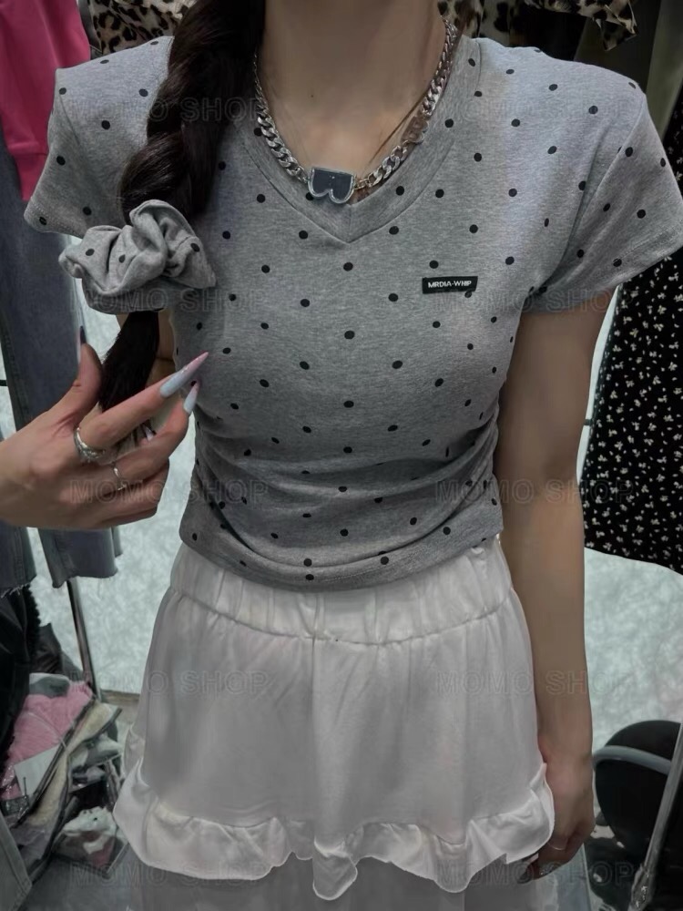 韓版小個子復古高級感圓領短袖T恤女2024波點正肩辣妹內搭上衣潮