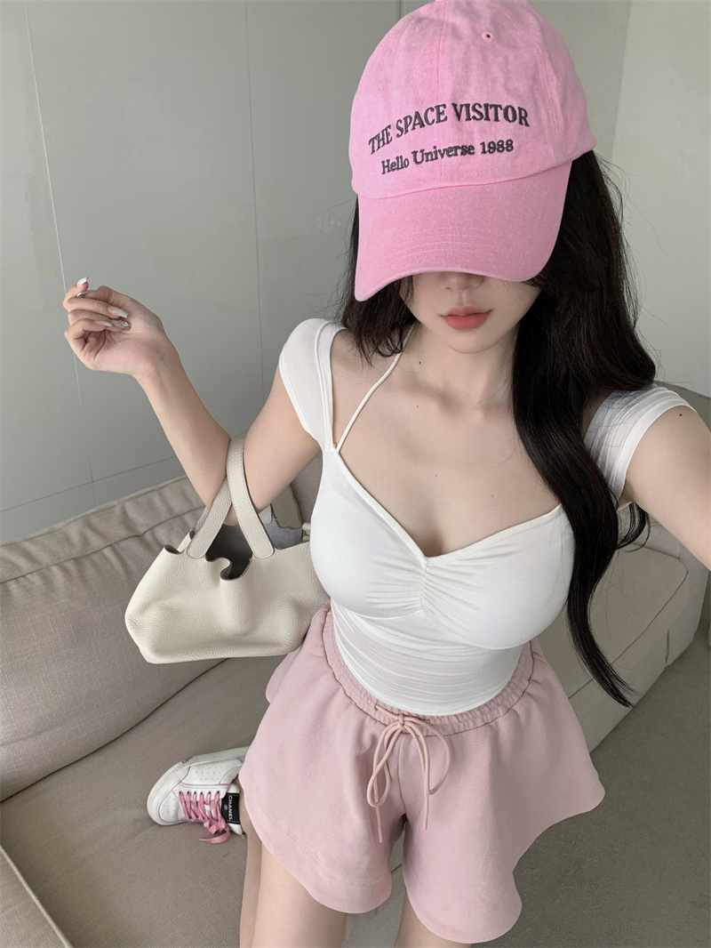 實拍 夏日休閒v領掛脖吊帶t恤上衣+短褲女衛衣裙褲