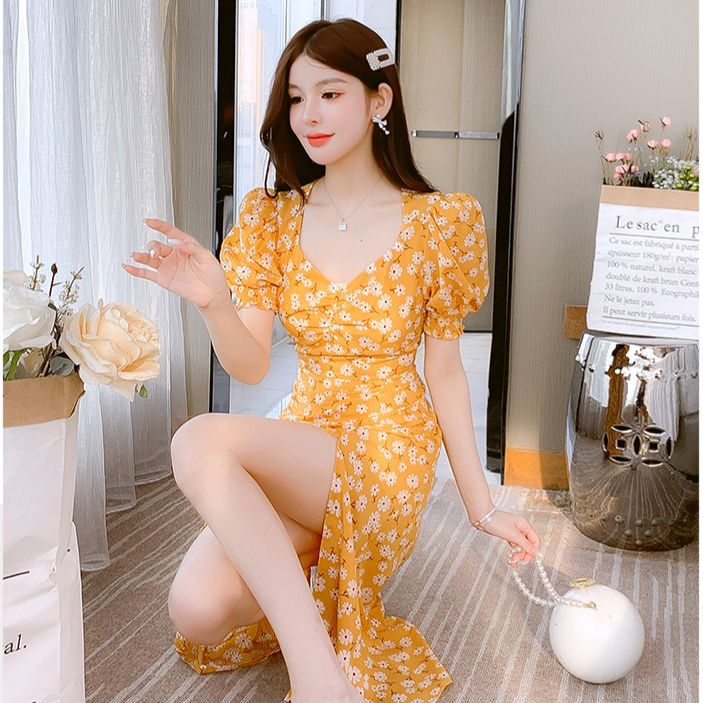 衣裙開叉港味小個子個子法式連衣裙連衣英倫碎花夏裝