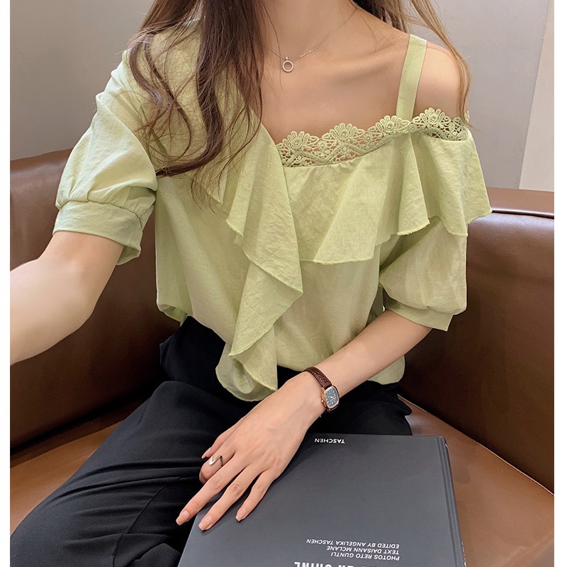 一字肩上衣女夏季新款韓版荷葉邊雪紡襯女短袖洋氣小衫打底衫