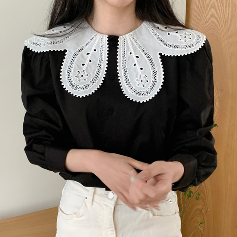 上衣 韓國chic復古個性不規則領花長袖襯衫