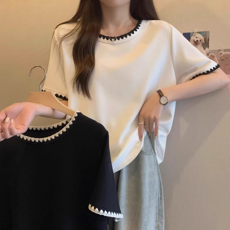 大碼女裝寬鬆正肩短袖T恤女夏季新款胖mm法式顯瘦遮肚上衣藏肉