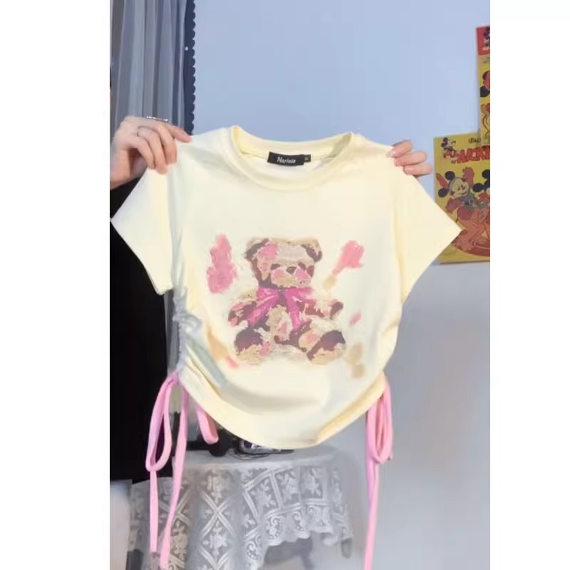 純棉 設計感小眾夏季新款T恤女多巴胺小熊印花正肩修身短袖上衣潮