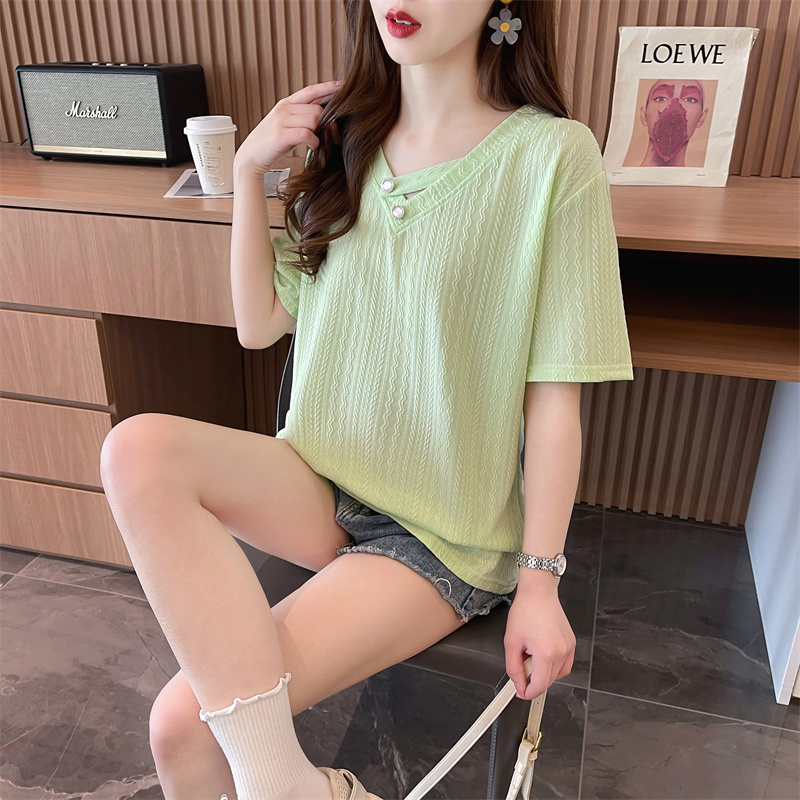 實拍泡花後包領短袖T恤女薄款寬鬆短款大碼上衣