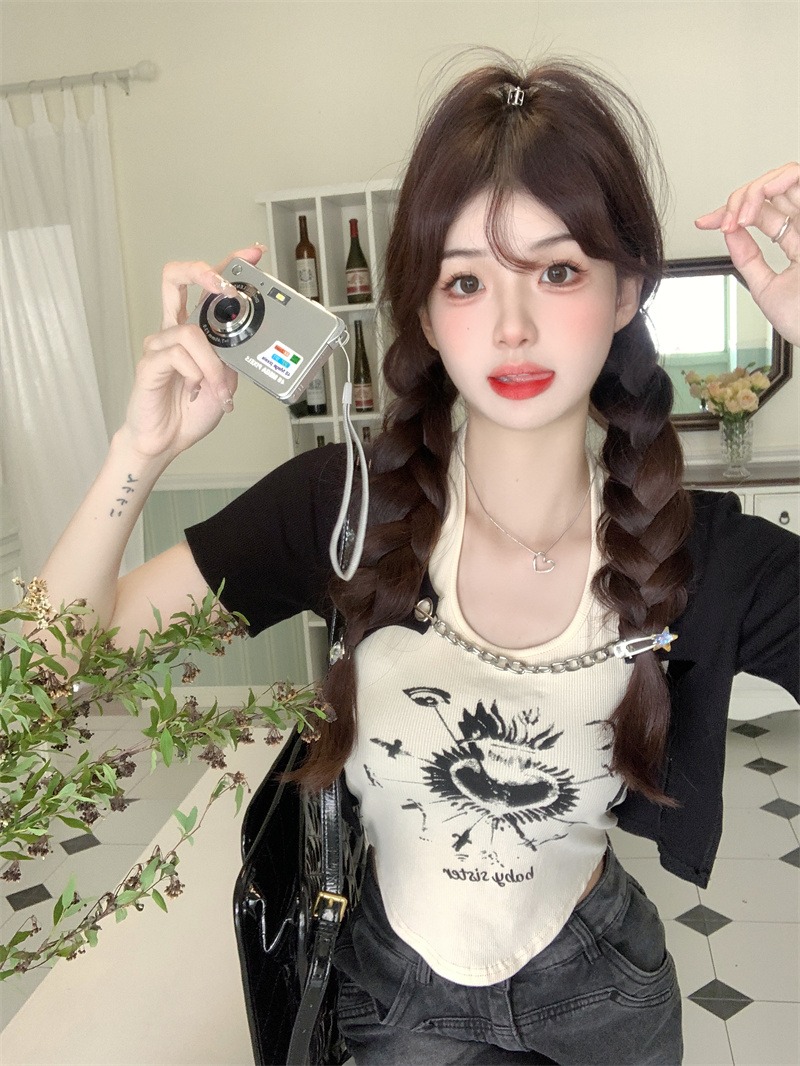 坑條美式復古做舊卡通印花掛脖小背心外搭遮肉罩衫兩件套T恤