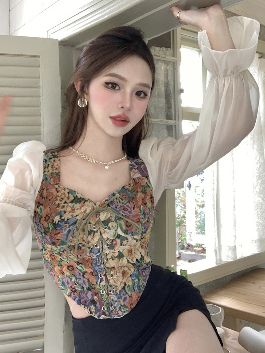 實拍 法式復古方領泡泡袖襯衫女春裝長袖設計感小眾法式短款上衣