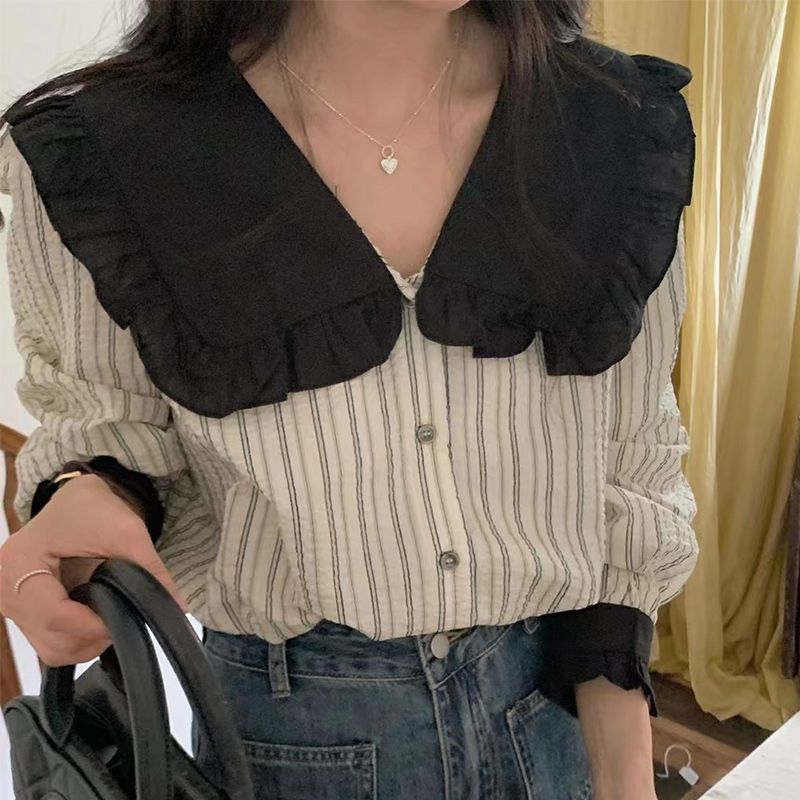 早春娃娃領條紋長袖襯衫上衣女高級感設計感小眾法式別致襯衣秋季