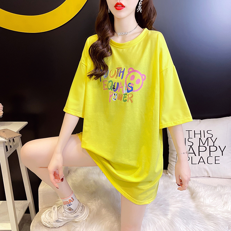 實拍6535棉夏季2024新款小眾設計印花短袖圓領T恤女