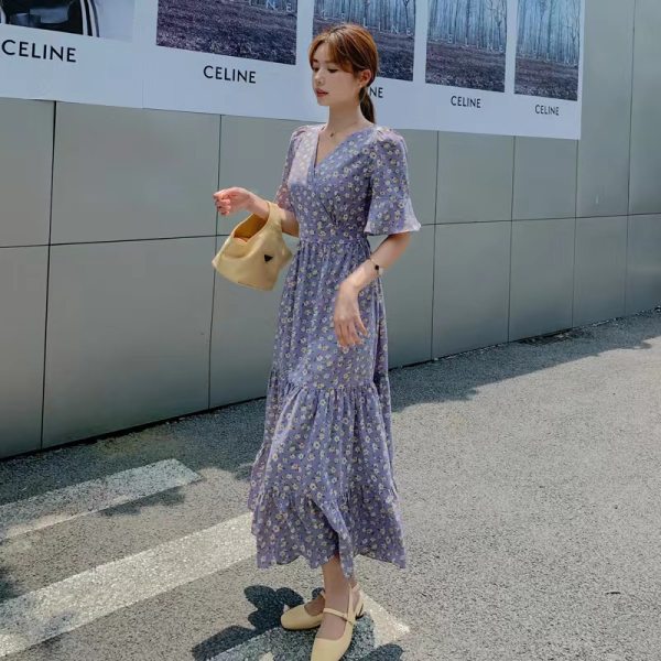 連衣裙女夏2024年新款碎花雪紡v領紫色長裙溫柔氣質顯瘦初戀裙子