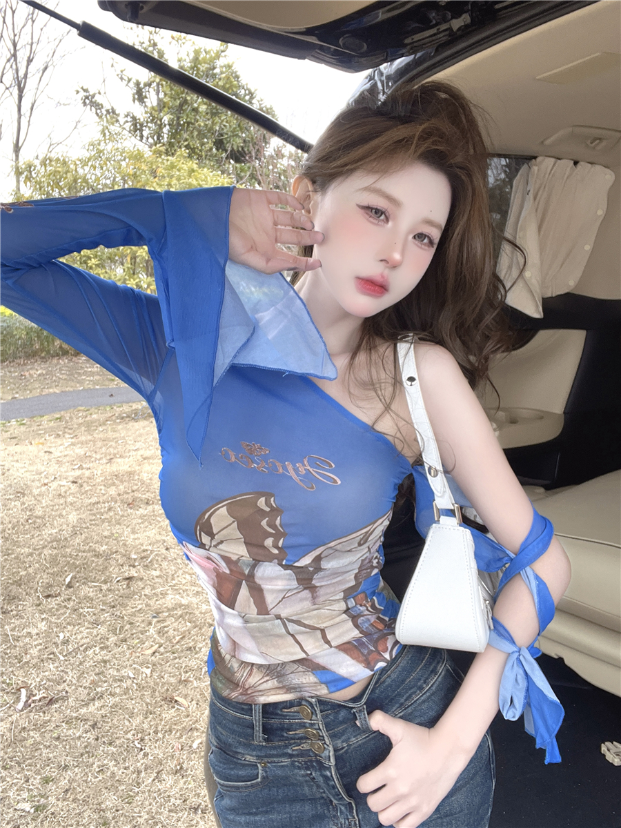 #實拍#美式復古設計感網紗木耳邊修身上衣夏季辣妹小眾單肩