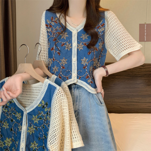 实拍 新版韩风镂空钩花设计感针织短袖小开衫