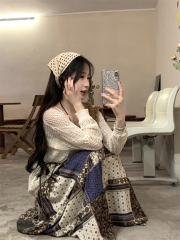實拍~慵懶風設計感鏤空長袖防曬衣女+民族風高腰碎花半身裙女