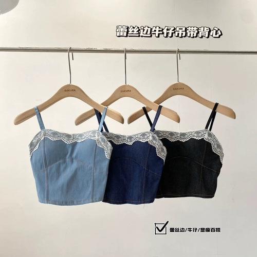 2024 Spring and Summer New Korean Heavy Industry Lace Denim Blue Sleeveless Suspender Tube Top Bottoming Shirt