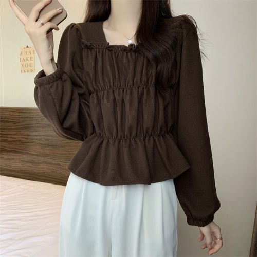 Actual shot of the new Korean style square collar pleated slimming design corduroy pullover shirt