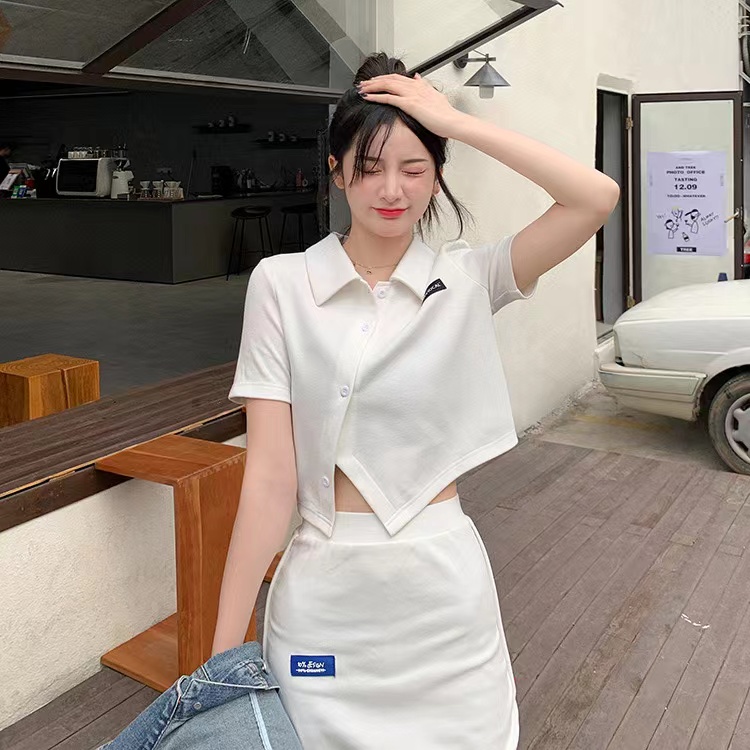 不規則開叉設計感小眾POLO領短款上衣配休閒高腰褲正肩短袖T恤夏