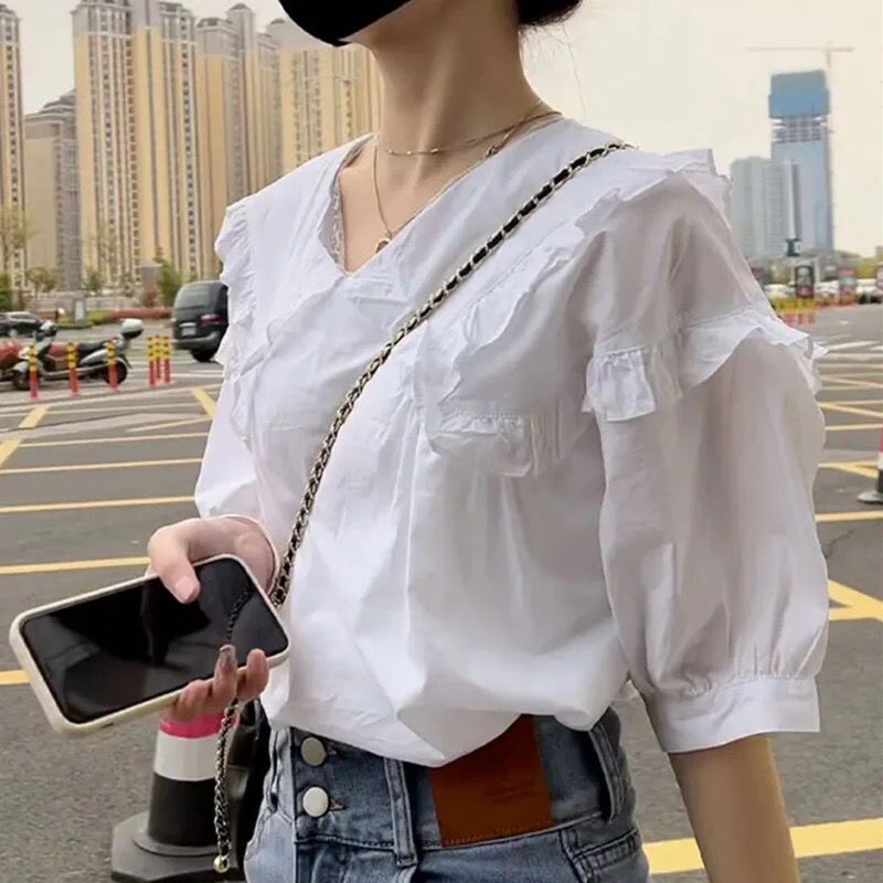 娃娃領短袖襯衫女夏季2024新款寬鬆減齡天絲甜美泡泡袖女上衣襯衣